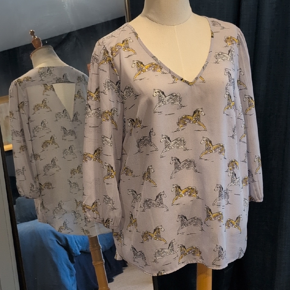 Daniel Rainn Lavender V-Neck Blouse with Horse Print